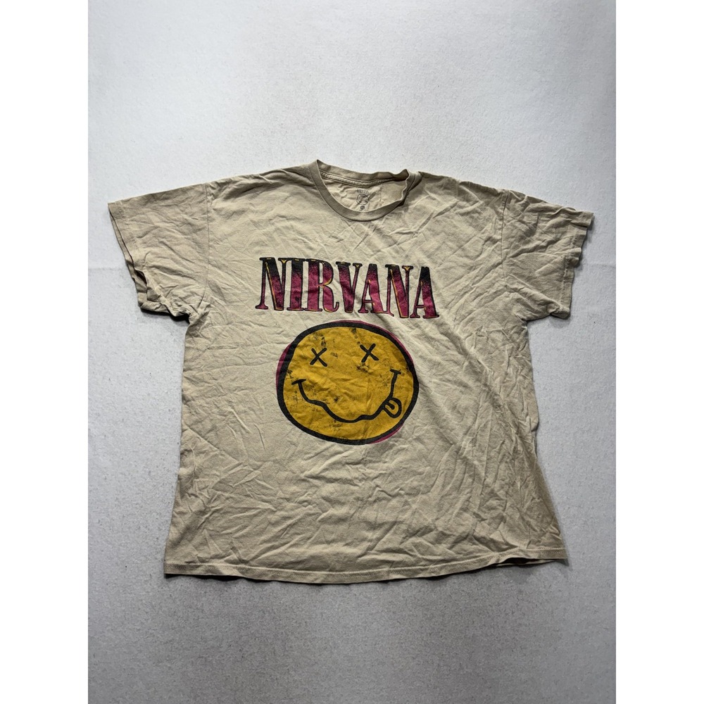 Nirvana Shirt Mens Medium Beige Band Graphic Tee Rock Music Grunge Smiley Face